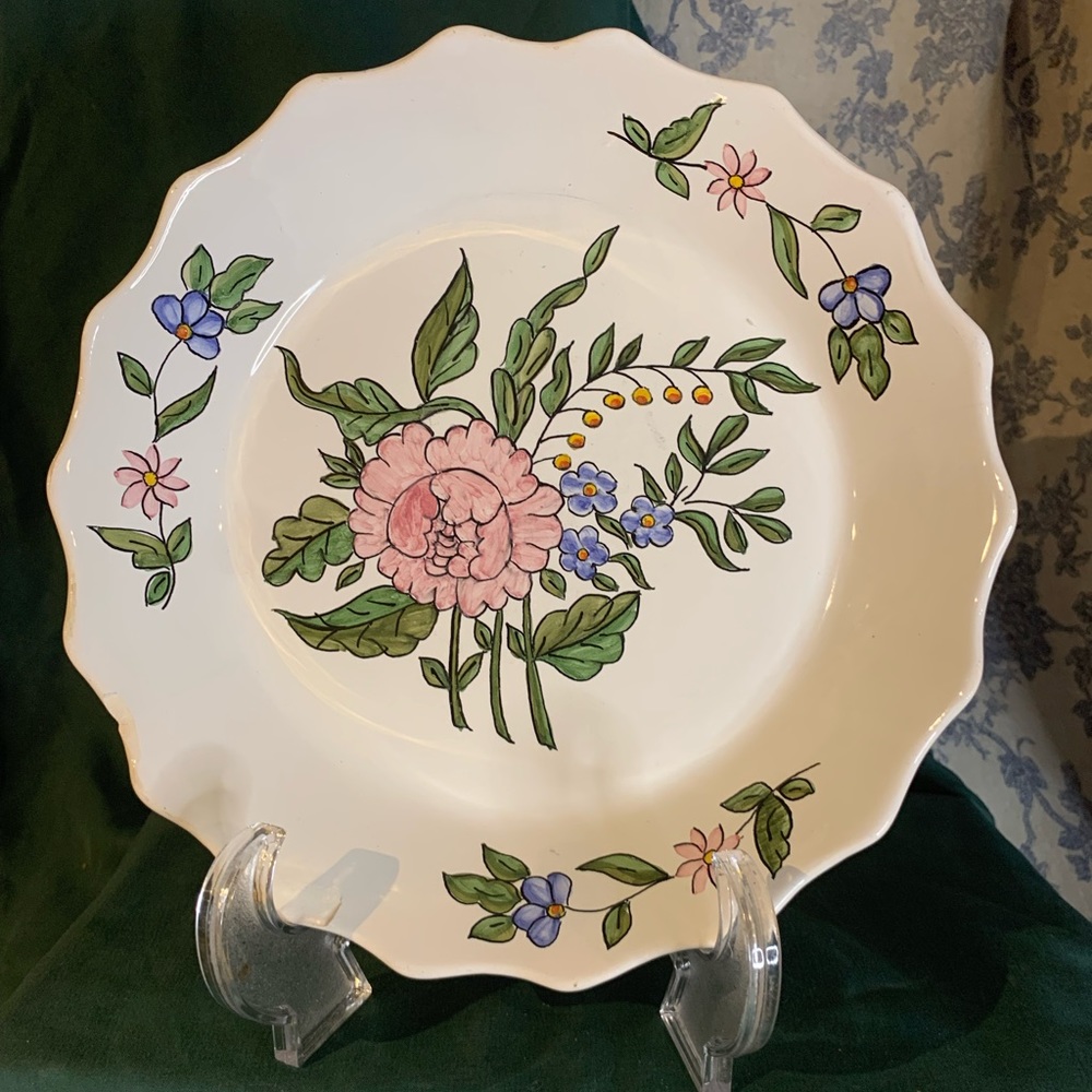 Hand-Painted Floral Peony Scalloped Ceramic  Plate Made in Portugal